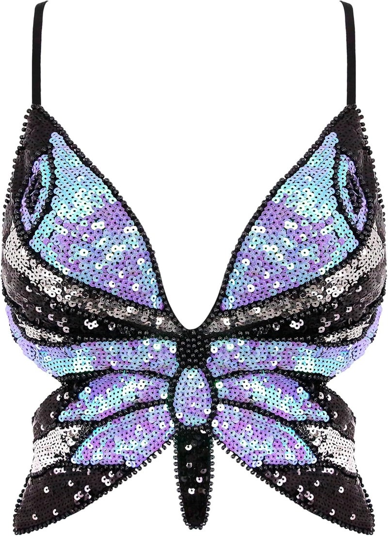 Mocure Womens Glitter Sequin Butterfly Crop Top Low-Cut Tank Top Rave Tube Vest Top for Belly Dance Costume Outfits - Image 1